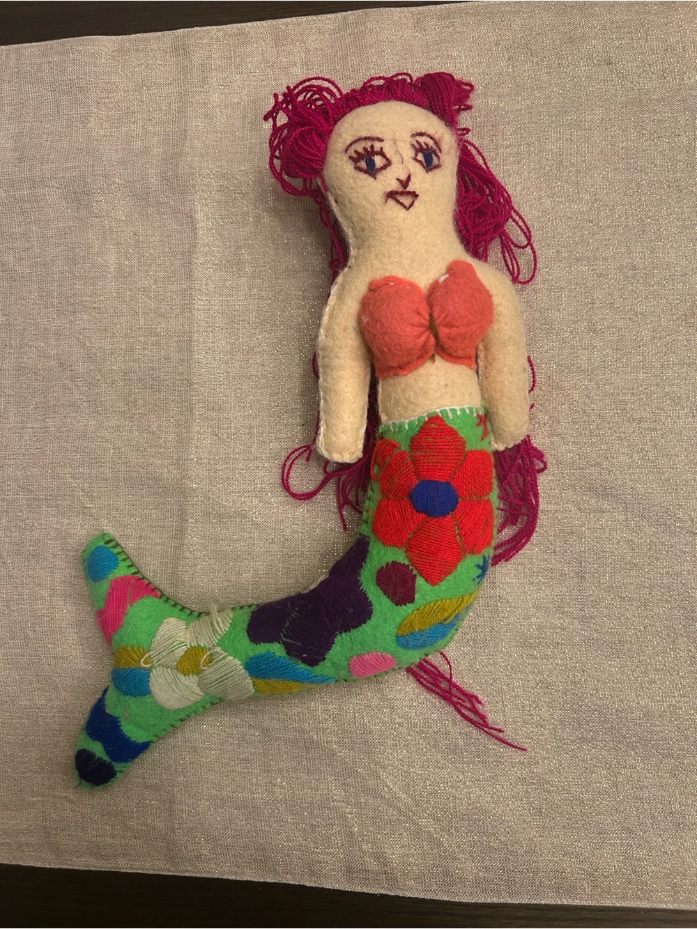 Handmade Embroidered Mermaid Doll - Pink Hair, Multicolor Tail